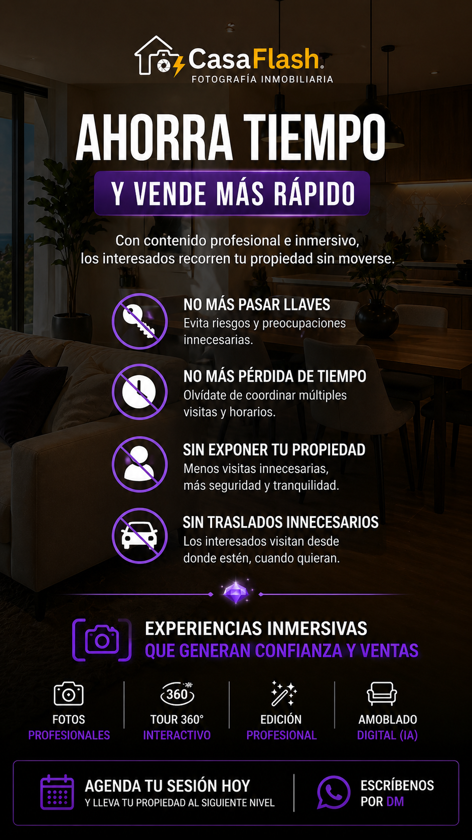 Pack 80 Pro + IA + 360° Recorrido Virtual | Fotografía Inmobiliaria CasaFlash